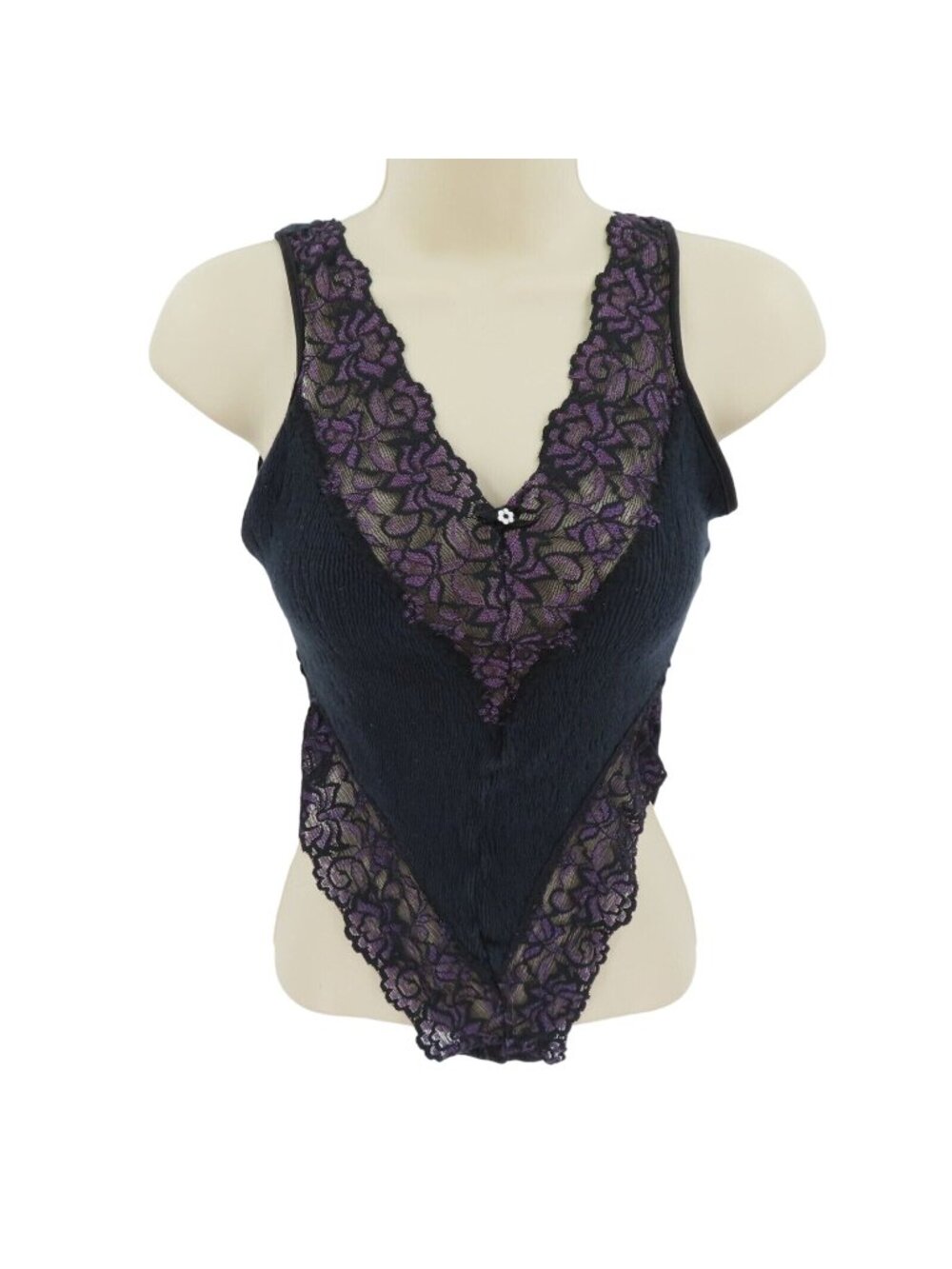 Vintage Bonjour Womens 6 Medium Ruched Crinkled Black Purple Lace Bodysuit Sexy